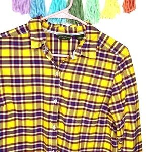 Y2K Eddie Bauer Rustic Plaid Yellow Purple Plaid Flannel Button Shirt Medium